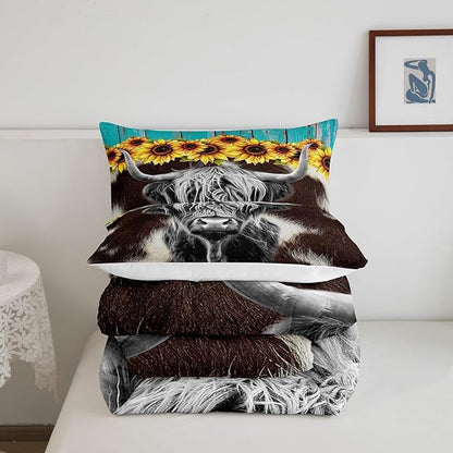 Highland Cow Comforter Set Twin Size (Not Real) Cowhide Print Bedding Sets Sunflower Floral Duvet Insert Cow Fur Print Down Comforter Rustic Blue Wooden Barn Door Quilt Funny Farm Animals Quilt