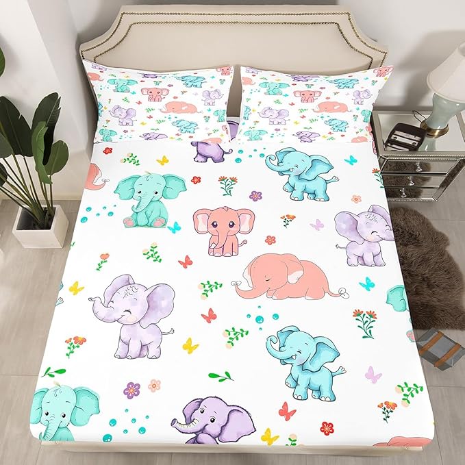 Cartoon Elephant Bed Sheet Set for Kids,Watercolor Flowers Leaves Butterfly Sheets Set,Cute Wild Animal Elephants Home Decor Sheet Sets with Deep Pocket,Top Sheet,1 Pillow Case,Twin