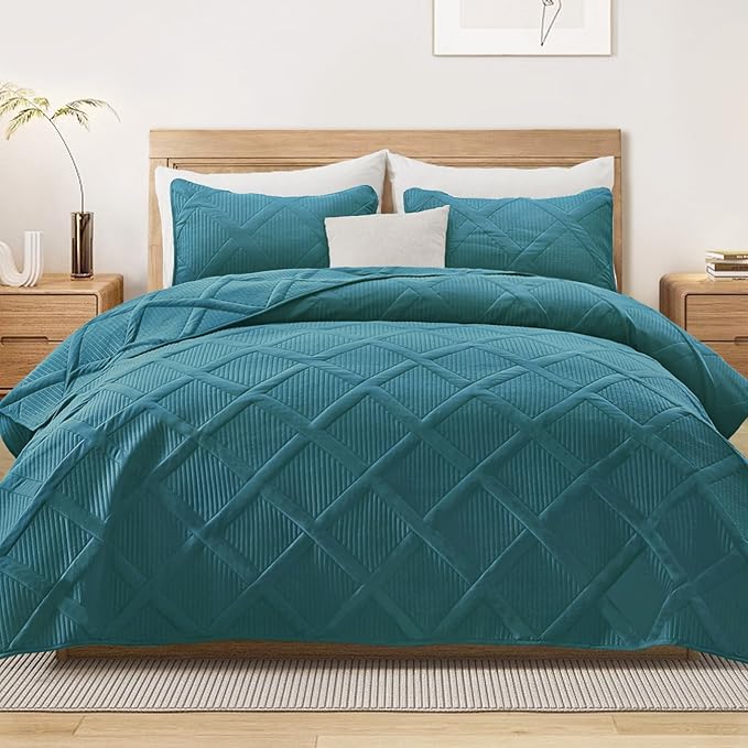 Exclusivo Mezcla Twin Size Quilt Set - Teal Quilts Bedding Set with 2 Pillow Shams, Modern Bedspread with Striped Pattern, Soft Lightweight Bedspreads Coverlets for All Seasons
