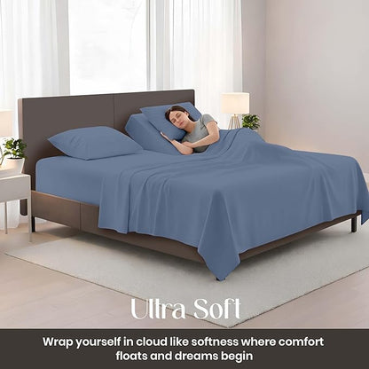 SGI bedding 34" King Split Top Flex Head Sheet Set 1800 Threads Flex Top Sheet for Adjustable Bed 4 Piece Sheet Set 15" Deep Pocket for Sleep Number Bed - Mediterranean Blue