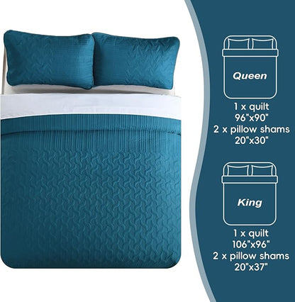 Yiran Teal Blue Quilt Set King Size Lightweight Bedspread Ultrasonic Wave Pattern Soft Microfiber Coverlet for All Season Modern Style 3 Piece Bed Cover Sets with 2 Pillow Shams (106"x96")