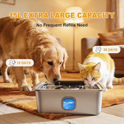 15L Dog Water Fountain Stainless Steel Automatic Dispenser with Filter | 4 Gal Large Capacity, Fresh Filtered Water, Easy Refill Design, Ideal for Large Dogs Indoor