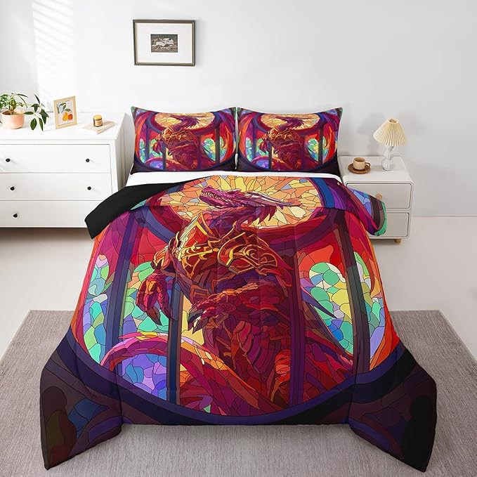 Feelyou Dragon Comforter Set Queen Size Dragon Stuff Comforter for Boys Girls Teens Wild Life Bedding Set Dragon Decor Duvet Set Room Decor Dark Orange Quilt Set