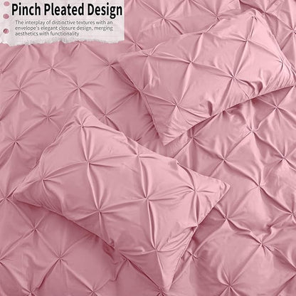 VACVELT 5 Piece Pinch Pleated Duvet Cover Full/Queen Size Set, Pink Pintuck Duvet Cover with Zipper & 8 Ties, Shabby Chic Microfiber Duvet Cover + 2 Pillow Shams + 2 Pillowcases, No Comforter