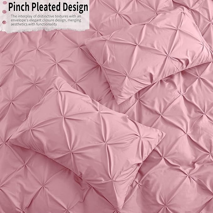 VACVELT 5 Piece Pinch Pleated Duvet Cover King Size Set, Pink Pintuck Duvet Cover with Zipper & 8 Ties, Shabby Chic Microfiber Duvet Cover + 2 Pillow Shams + 2 Pillowcases, No Comforter