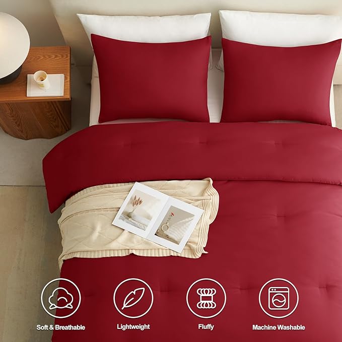 CozyLux Queen Comforter Set Dark Red, 3 Pieces Solid Comforters Queen Size Breathable Quilted Bedding Sets, Luxury Soft Lightweight Bed Set with Down Alternative Comforter and 2 Pillowcases All Season