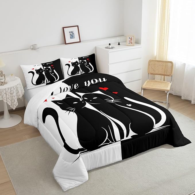 Cats Lovers Twin Size Down Comforter Set,Cute Cat Valentine's Day Duvet/Quilt Set Soft Bed Collection,Black and White Couples Bedding Comforter for Boys Girls Bedroom,2 Pcs