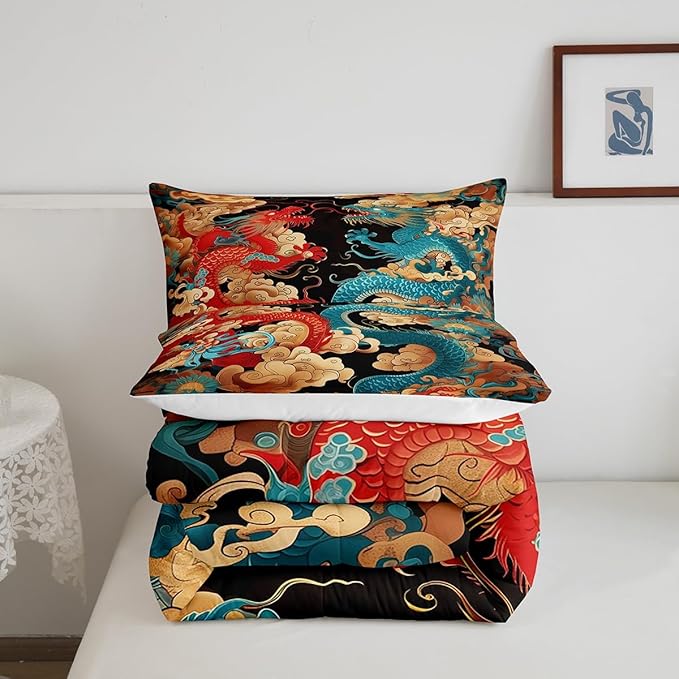 Chinese Loong Comforter Set Toddler Size,Propitious Cloud Bedding Set for Kids Teens,Dragon Exotic Chinese Style Down Comforter,2 Pcs 1 Pillowcase