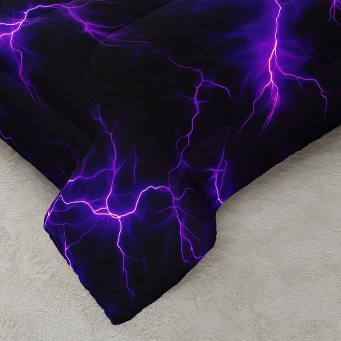 Violet Lightning Comforter Set Twin Thunder Bedding Sets 3PCS for Kids Teen Adult Violet Room Decor Ultra-Soft Lightweight Microfiber 1 Comforter with 2 Pillowcases