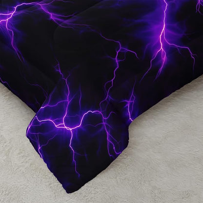 Violet Lightning Comforter Set King Thunder Bedding Sets 3PCS for Kids Teen Adult Violet Room Decor Ultra-Soft Lightweight Microfiber 1 Comforter with 2 Pillowcases