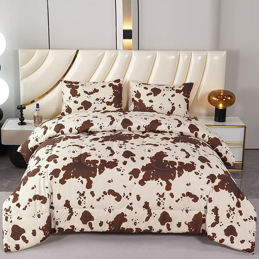 PERFEMET Cow Print Full Size Bedding Comforter Sets - 3 Pieces Brown and Beige Kids Comforter, Farmhouse Western Style Bed Set for Kids Teens Boys Girls (Beige,Full)