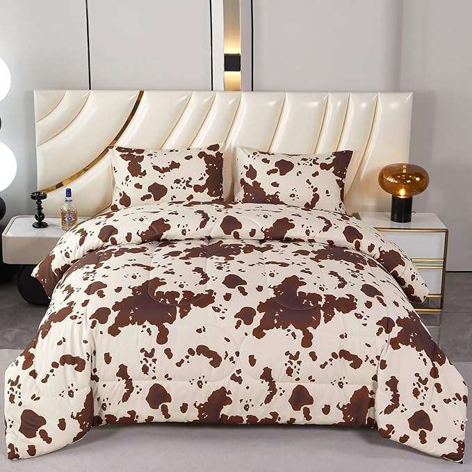 PERFEMET Cow Print King Size Comforter Set Brown and Beige Western Bedding Set Cartoon Animal Pattern Farmhouse Bed Set for Teens Boys Girls Men Women (Beige,King)