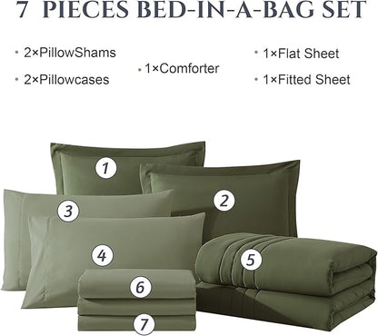 Monbix Queen Comforter Set - 7 Pieces Olive Green Bed in a Bag Queen Bedding Sets with Comforters, All Seasons Comforter Bed Set with Sheets, Pillowcases & Shams