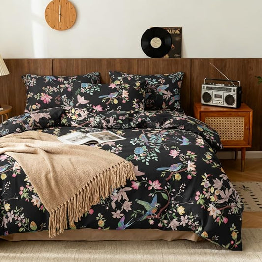 Nayoroom Black Floral Comforter Set Queen Size Blue Pink Bird Flower Botanical Pattern Spring Bedding Set 3 Pieces Soft Lightweight Aesthetic Garden Comforter for All Seasons
