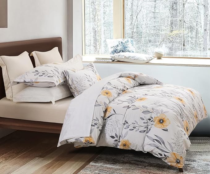Queen Size Duvet Cover Set with Button Closure - Black and Yellow Botanical Luxury Bedding for a Comfortable Sleeping