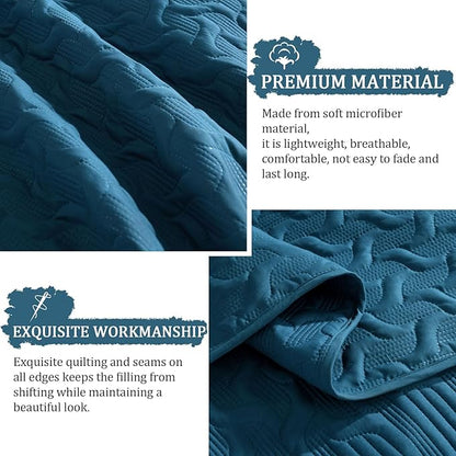 Yiran Teal Blue Quilt Set King Size Lightweight Bedspread Ultrasonic Wave Pattern Soft Microfiber Coverlet for All Season Modern Style 3 Piece Bed Cover Sets with 2 Pillow Shams (106"x96")