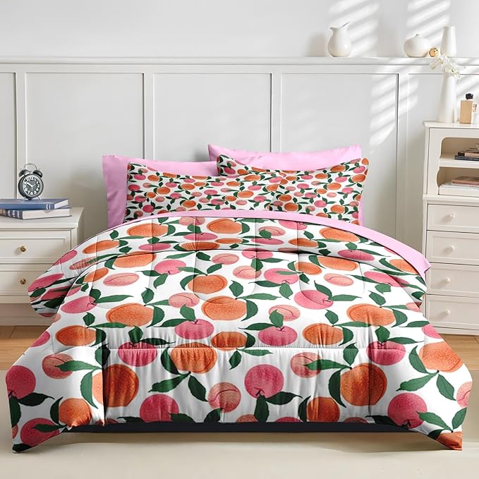 Nesker Comforter Set Twin Size, Floral Pink Peach 5 Pcs Bedding for Kids and Adults, Sweet Fruit Vintage Bed Sheet Sets with Fitted Sheet Pillowcase & Sham