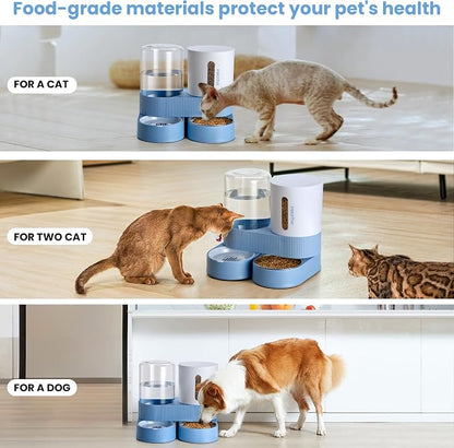 Automatic Cat Feeder Stainless Steel Water Dispenser Gravity Food Feeder and Waterer Set with Pet Food Bowl for Small Medium Kitten Puppy Pets Large Capacity(Blue)