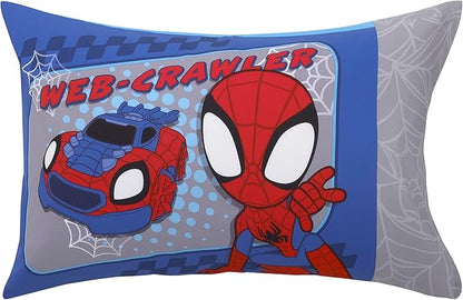 NoJo Marvel Spiderman Spidey and his Amazing Friends Spidey Time Red, Blue, and Grey 4 Piece Toddler Bed Set - Comforter, Fitted Bottom Sheet, Flat Top Sheet, and Reversible Pillowcase