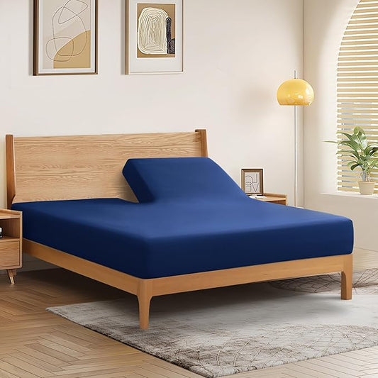 SiinvdaBZX Split Top King Fitted Sheet Only for Adjustable Bed, Ultra-Soft Microfiber 34 Inch Top Split Head Sheets Half Split King Bottom Sheet, Fits 14" -16" Deep Pocket, Navy Blue