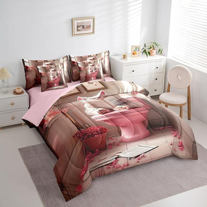 jejeloiu Cute Cat Bedding Set 7Pcs Twin Size Kids Kawaii Kitten Comforter Set with Sheets for Boys Girls Pink Bed in a Bag Soft Lightweight,Microfiber