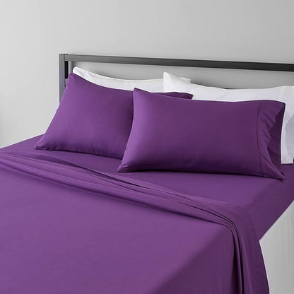 Amazon Basics Breathable Ultra-Soft Microfiber 4 Piece Bed Sheet Set with 14-Inch Deep Pockets, Wrinkle Resistant, Full, Plum, Solid