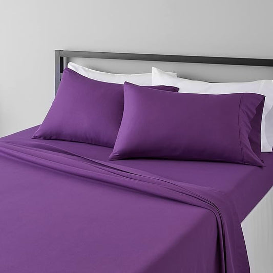Amazon Basics Lightweight Super Soft, Comfortable, Breathable, Wrinkle Resistant Microfiber 4 Piece Bed Sheet Set with 14-Inch Deep Pockets, Queen, Plum, Solid