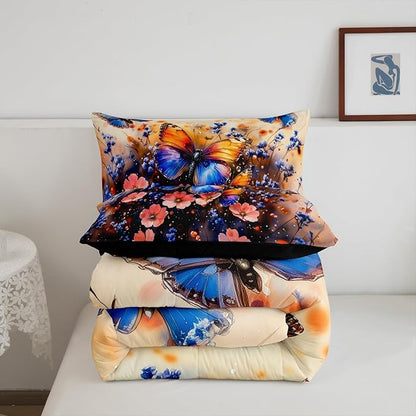 Feelyou Butterfly Comforter Set King Size Butterflies Print Comforter for Boys Girls Teens Animal Bedding Set Butterfly Floral Duvet Set Room Decor Blue Purple Quilt Set