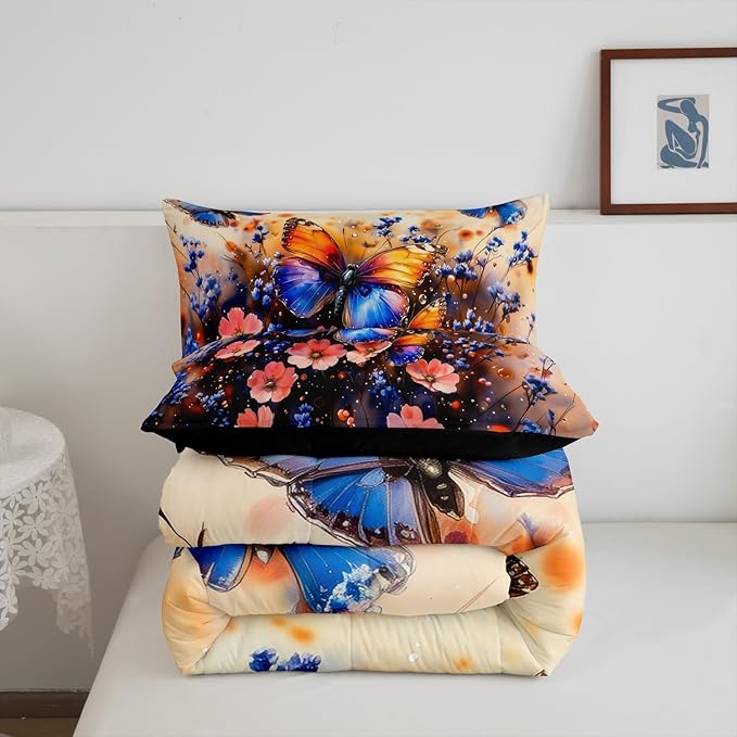 Feelyou Butterfly Comforter Set Toddler Size Butterflies Print Comforter Animal Bedding Set Butterfly Floral Duvet Set Room Decor Blue Purple Quilt Set