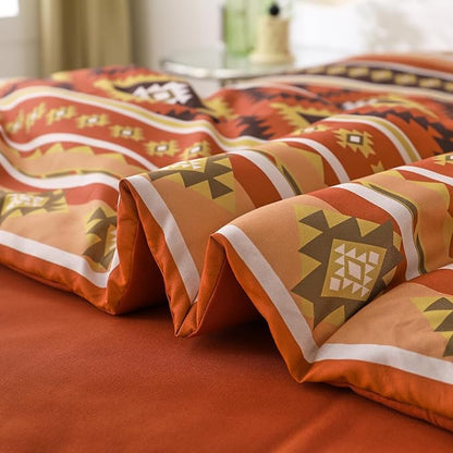Dinjoy California King Comforter Set Size, Burnt Orange Striped Cali King Bed Set Fall Bedding Sets Terracotta 7 Pieces Boho Bed in a Bag Comforters with Sheets Aztec for Women