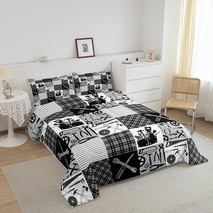 Castle Fairy Kids Boys Truck Bedding Set Queen Size Wrench Repair Outfit Comforter Farmhouse Gingham Check Comforter Set Gray White Duvet Set 3Pcs Quilt Set 1 Comforter Set with 2 Pillowcase