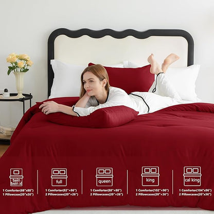 CozyLux Queen Comforter Set Dark Red, 3 Pieces Solid Comforters Queen Size Breathable Quilted Bedding Sets, Luxury Soft Lightweight Bed Set with Down Alternative Comforter and 2 Pillowcases All Season