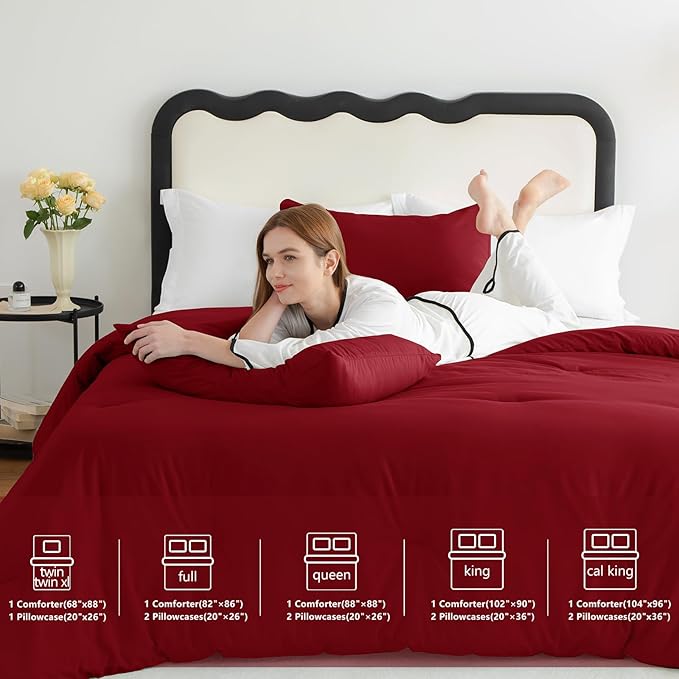 CozyLux Full Size Comforter Set Dark Red, 3 Pieces Solid Breathable Quilted Bedding Sets, Luxury Lightweight Soft Bed Set with Down Alternative Comforter and 2 Pillowcases for All Seasons