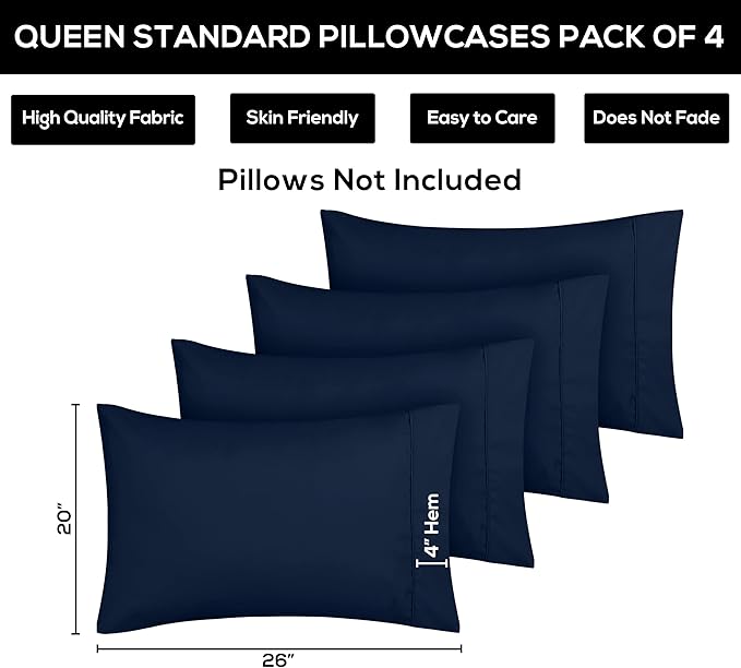 Utopia Bedding Standard Pillow Cases - 4 Pack - Envelope Closure - Soft Brushed Microfiber Fabric - Shrinkage and Fade Resistant Pillow Covers Standard Size 20 X 26 Inches (Standard, Navy)