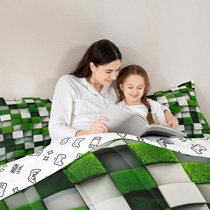 Pixelated Miners Game Kid Comforter Set Queen Size,Video Games Cartoon Gamepad Bedding Set,Boy Room Decor,Modern Geometric Check Quilt Comforter,Green White Duvet Set Bedroom Quilt Set,2 Pillowcases