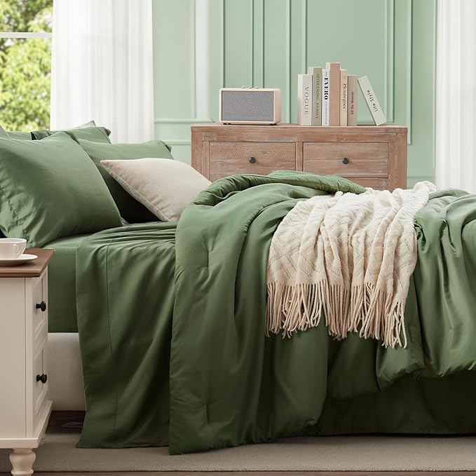 Anluoer Full Comforter Set 7 Pieces, Olive Green Bed in a Bag with Sheets, All Season Bedding Sets with 1 Comforter, 2 Pillow Sham, 2 Pillowcase, 1 Flat Sheet, 1 Fitted Sheet