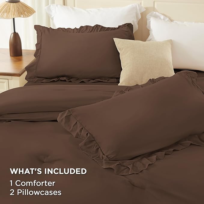 Andency Brown Oversized King Comforter Set (120x98Inch), 3 Pieces Ruffle Comforter Set with 2 Pillowcases, Farmhouse Shabby Chic Lightweight Fluffy Soft Polyester All Season Bed Set