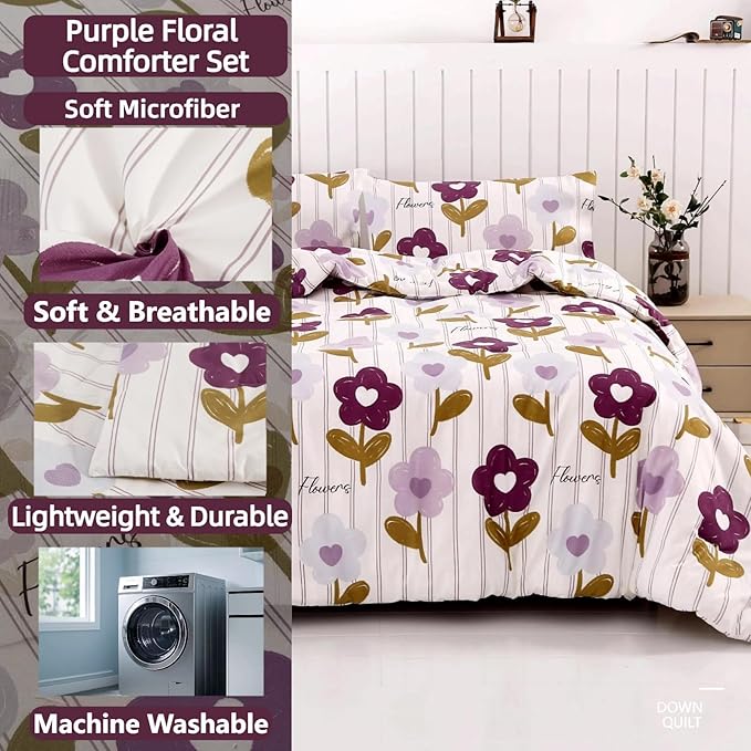 SDIII Purple Floral Comforter Set Queen 3 Pieces, Soft Microfiber Lightweight Vintage Floral Queen Comforter Set, Vintage Bedding for All Season
