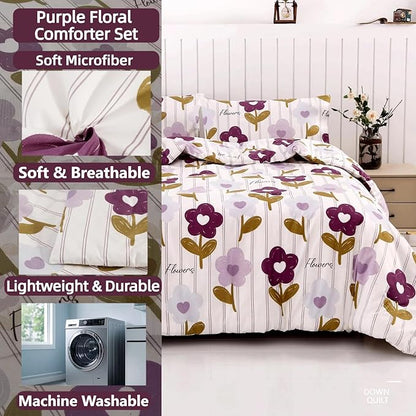 SDIII Purple Floral Comforter Set Queen 3 Pieces, Soft Microfiber Lightweight Vintage Floral Queen Comforter Set, Vintage Bedding for All Season