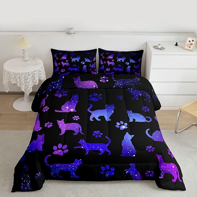 Erosebridal Cat Comforter Set Queen Lovers Bedding Cats Cartoon Silhouette Purple Blue Reversible Black Ombre Down Neon Pets Animal Paw Print Galaxy Slitter Stars Quilt For Kids Boys Girls,Multi 361
