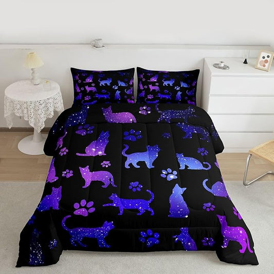 Erosebridal Cat Comforter Set Queen Lovers Bedding Cats Cartoon Silhouette Purple Blue Reversible Black Ombre Down Neon Pets Animal Paw Print Galaxy Slitter Stars Quilt For Kids Boys Girls,Multi 361