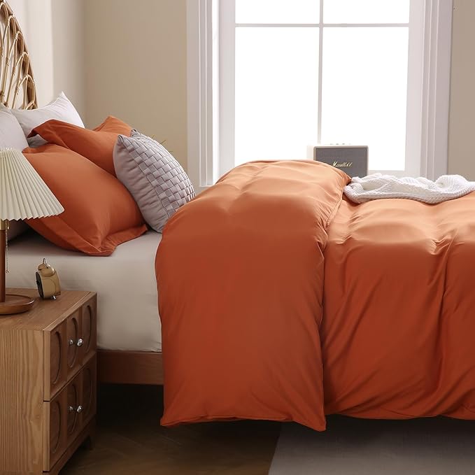 JSD Burnt Orange Duvet Cover Set Full Size, 3 Piece Duvet Cover with Pillow Shams, Soft Brushed Microfiber Zipper Closure, Comforter Not Included