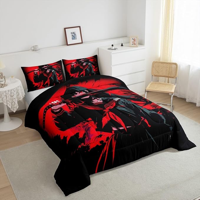 Erosebridal Japanese Anime Bedding Set for Kids, Anime Girl Comforter Set Queen Size Japanese Girl Duvet Insert for Girls Teens Adult Room, Kawaii Animation Red Black Quilt, Machine Washable
