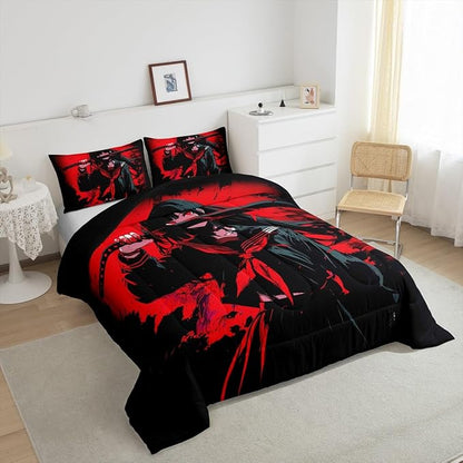 Erosebridal Japanese Anime Bedding Set for Kids, Anime Girl Comforter Set Queen Size Japanese Girl Duvet Insert for Girls Teens Adult Room, Kawaii Animation Red Black Quilt, Machine Washable
