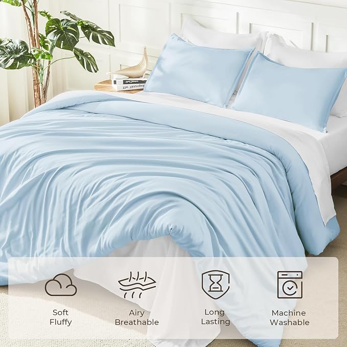 Litanika Comforters Light Blue Full Size, 3 Pieces Lightweight Solid Bedding Comforter Set, All Season Fluffy Bed Set (79x90In Comforter & 2 Pillowcases)