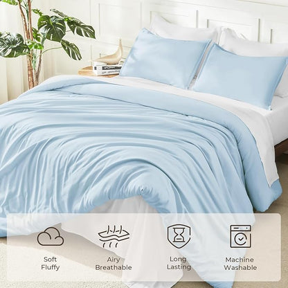 Litanika Comforters Light Blue Full Size, 3 Pieces Lightweight Solid Bedding Comforter Set, All Season Fluffy Bed Set (79x90In Comforter & 2 Pillowcases)