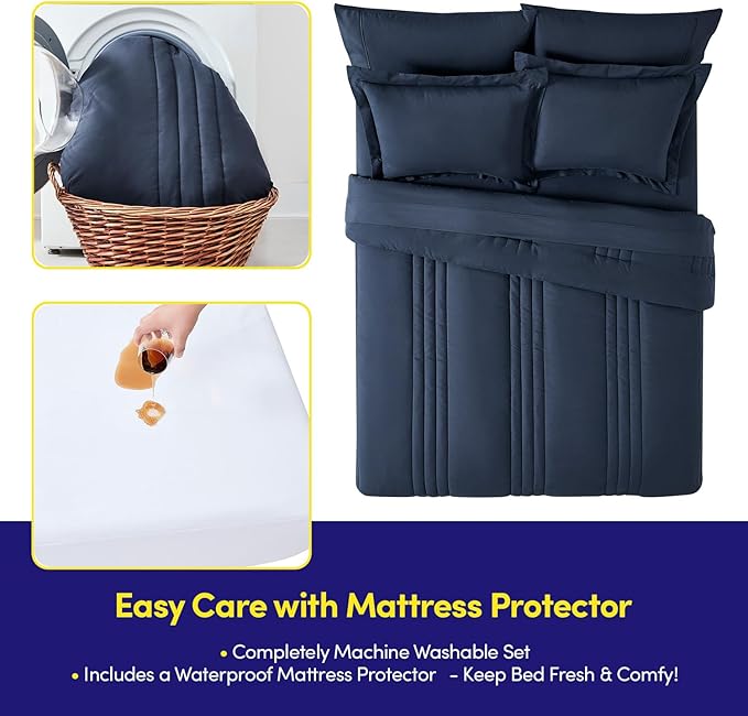 Full Size Comforter Set Quilted Stripe Bedding Bundle – Comforter, Mattress Protector, Sheets with Pockets on the Side & Built-in Corner Strap – Fitted Sheet Media Pocket for Devices, Navy Blue