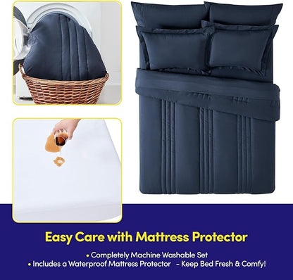 Full Size Comforter Set Quilted Stripe Bedding Bundle – Comforter, Mattress Protector, Sheets with Pockets on the Side & Built-in Corner Strap – Fitted Sheet Media Pocket for Devices, Navy Blue