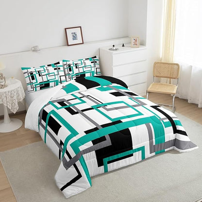 Erosebridal Square Comforter Set for Teens Youth,Black White Blue Bedding Set,Geometric Quilt Set Modern Bedroom Decor,Mid Century Grid Duvet Insert with 2 Pillowcases Lightweight Warm,King