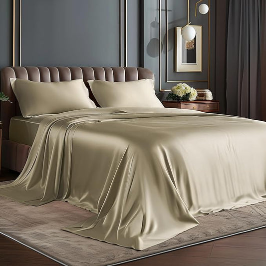 BEDELITE Satin Sheets Queen Size Bed Set, Luxury Soft Taupe Silky Sheets for Hair and Skin, Similar to Silk Bed Sheets Set 4 Pieces with 1 Deep Pocket Fitted Sheet, 1 Flat Sheet, and 2 Pillowcases